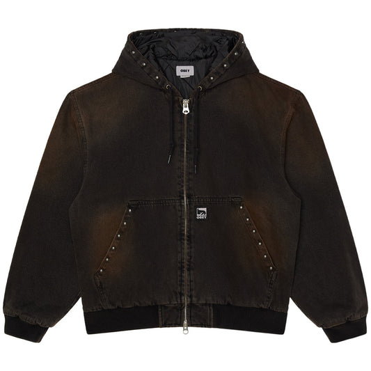 OBEY STUDDED ZIP UP JACKET ジャケット ブラックラストウォッシュ 正面 平置き 121800633-26F