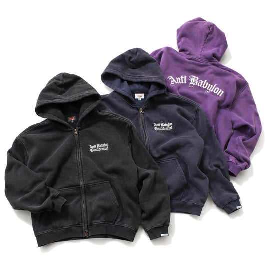 RAIDBACK FABRIC ANTI BABYLON CONFIDENTIAL WASHED ZIP HOODIE ブラック ネイビー パープル 3カラー 正面 RB26002