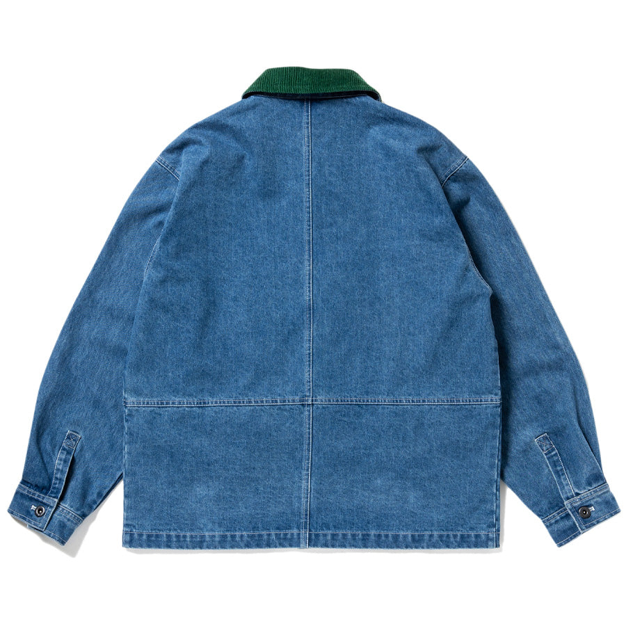 430（フォーサーティ / FOURTHIRTY）DENIM COVERALL CRD インディゴ/グリーン HW 背面平置き FTY26-079