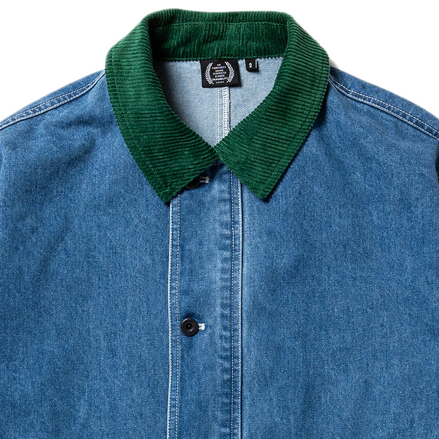 430（フォーサーティ / FOURTHIRTY）DENIM COVERALL CRD インディゴ/グリーン HW コーデュロイ襟詳細 FTY26-079