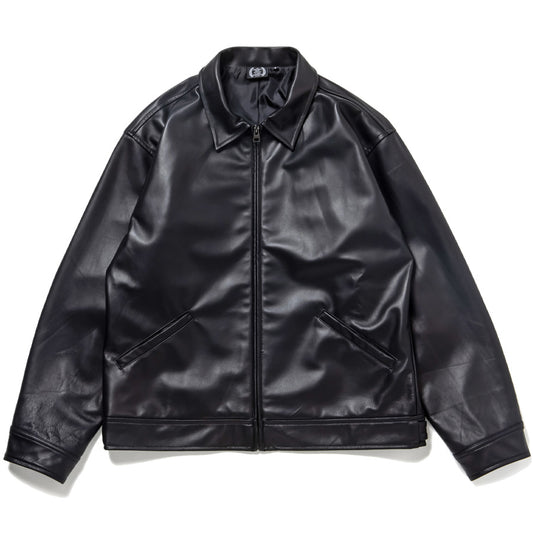 430（フォーサーティ / FOURTHIRTY）LEATHER TRACKER JACKET ブラック 平置き正面 FTY26-074