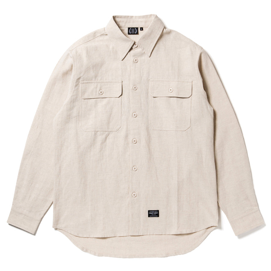 430（フォーサーティ / FOURTHIRTY）L/S HEMP UTILITY SHIRT ベージュ 正面 平置き FTY26-080
