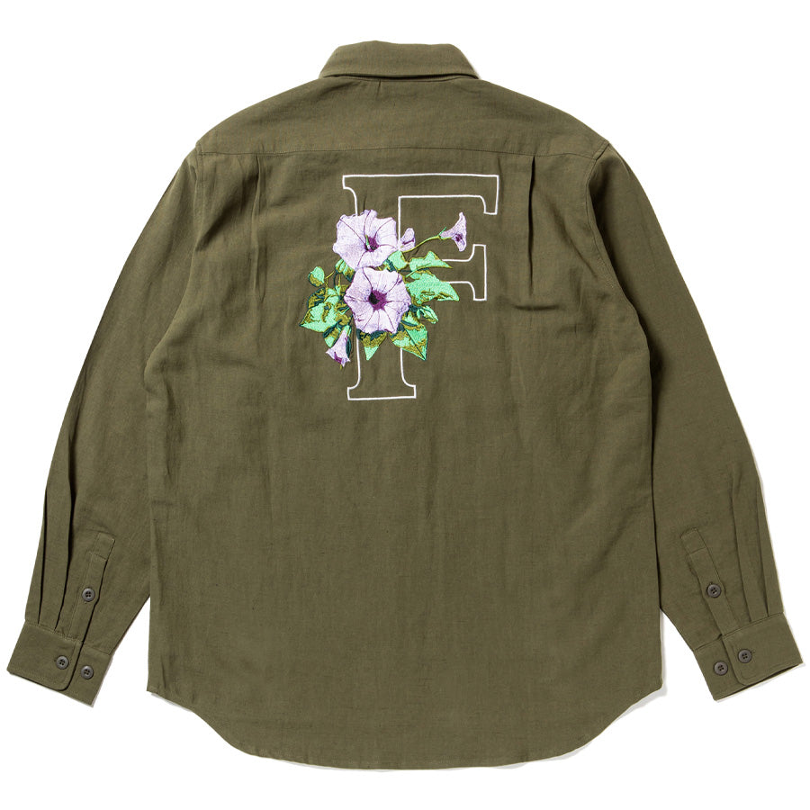 430（フォーサーティ / FOURTHIRTY）L/S HEMP UTILITY SHIRT カーキ 背面 平置き FTY26-080