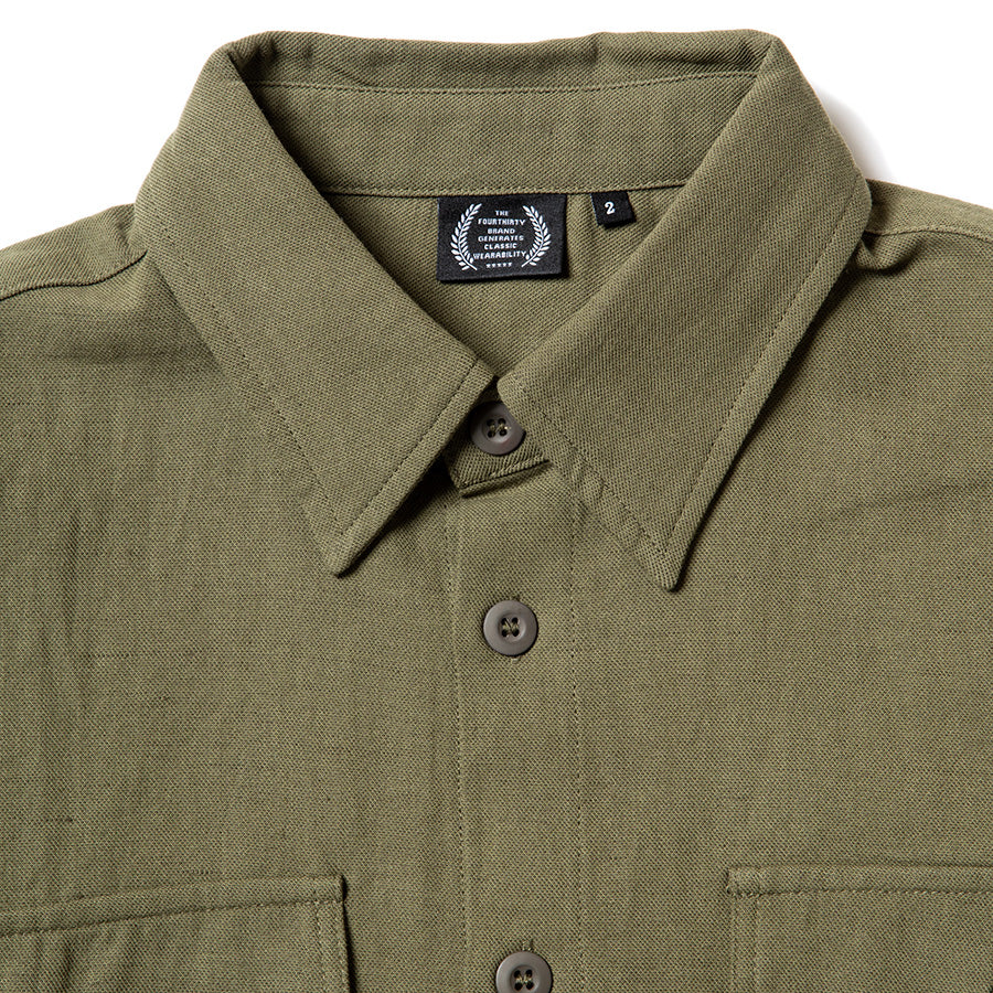 430（フォーサーティ / FOURTHIRTY）L/S HEMP UTILITY SHIRT カーキ 襟部分詳細 FTY26-080