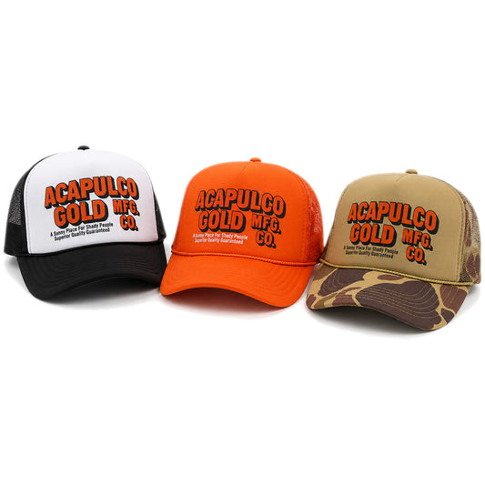 ACAPULCO GOLD OJ LOGO TRUCKER CAP メッシュキャップ ブラック/ホワイト オレンジ カモ 3カラー AG26SM002