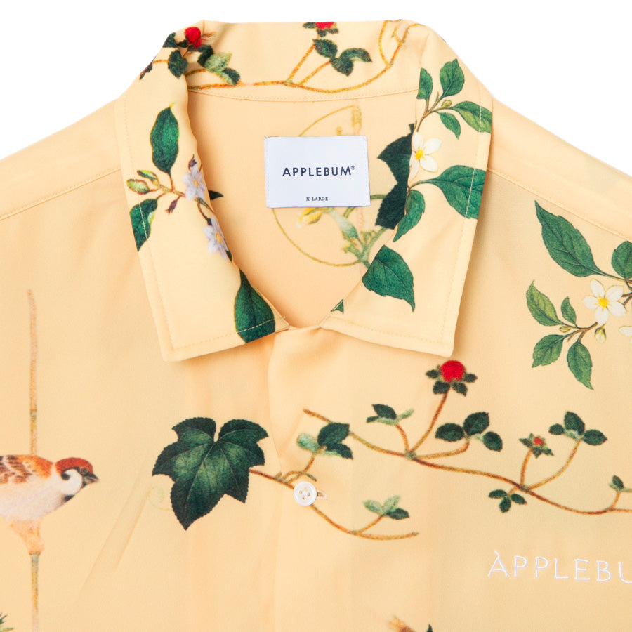 APPLEBUM Edo Botanical Aloha Shirt ボタンを閉めた襟元