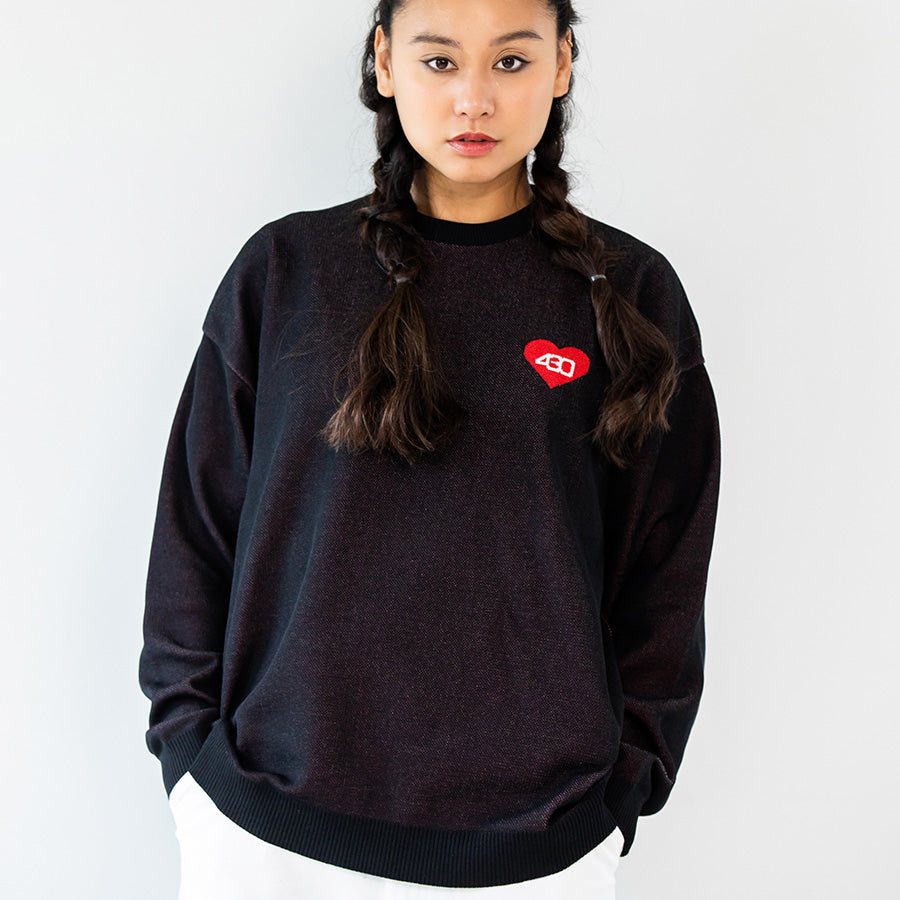430 FOURTHIRTY HEARTS SWEATER セーター ブラック モデル着用 正面 FTY-26-150