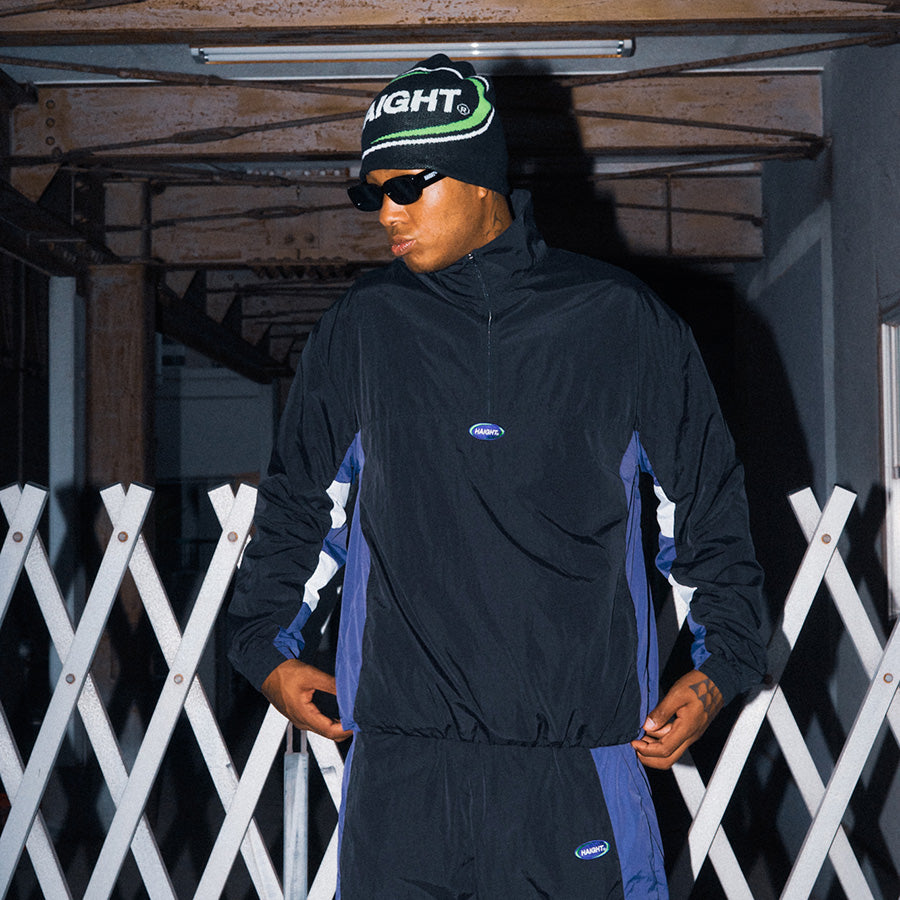HAIGHT ATHLETIC PULLOVER JACKET トラックジャケット ブラック モデル着用 正面 HTAW-262003