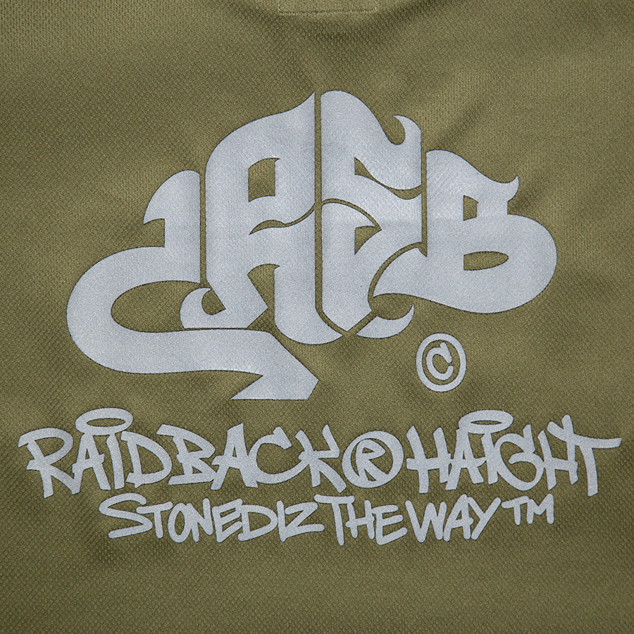 HAIGHT RAIDBACK CRSB DRY Tee オリーブ バックプリントディテール