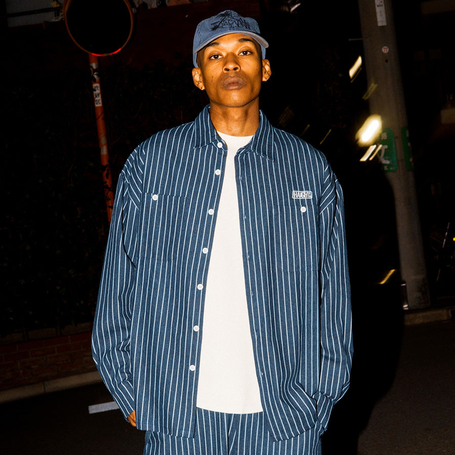 HAIGHT ストライプデニムシャツ ダークブルー モデル着用 上半身