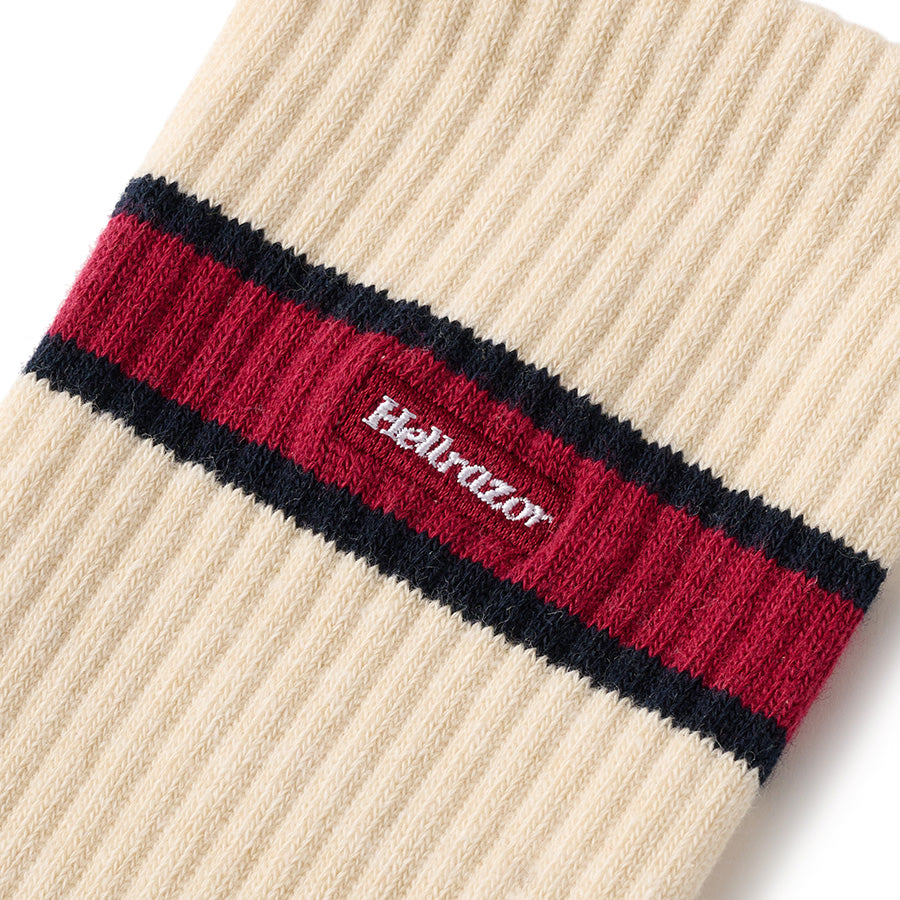 HELLRAZOR BAND SOX クルーソックス ベージュ ロゴ刺繍詳細 01126AW0801