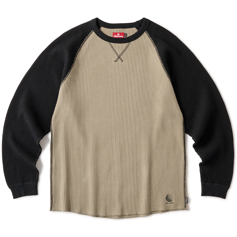HELLRAZOR WAFFLE LS SHIRT サーマルTシャツ ブラック/アーミーグリーン 正面 平置き 01126AW0301