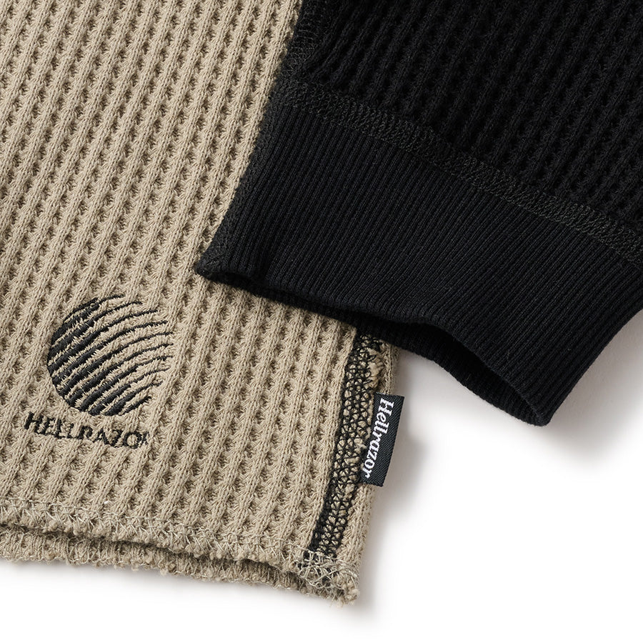 HELLRAZOR WAFFLE LS SHIRT サーマルTシャツ ブラック/アーミーグリーン 裾ロゴ刺繍 袖リブ詳細 01126AW0301
