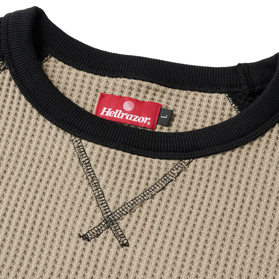 HELLRAZOR WAFFLE LS SHIRT サーマルTシャツ ブラック/アーミーグリーン 首回り 01126AW0301