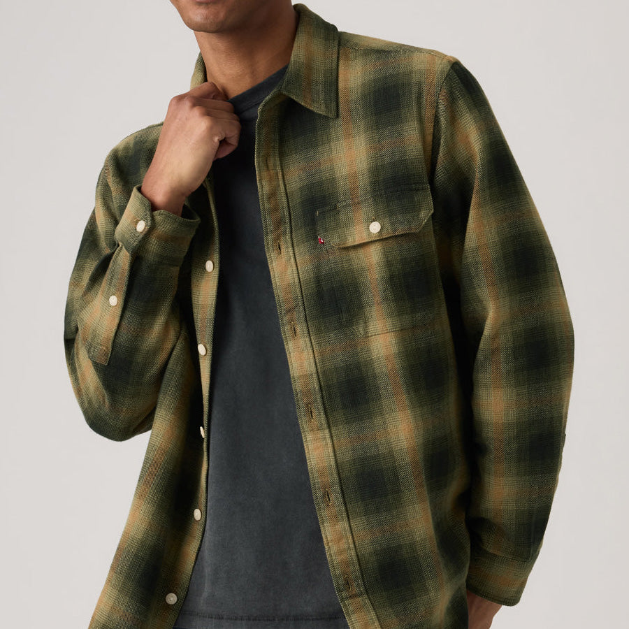 LEVI'S リーバイス ジャクソン ワーカー オーバーシャツ オリーブ/ブラック/ブラウン モデル着用 上半身アップ 195730304