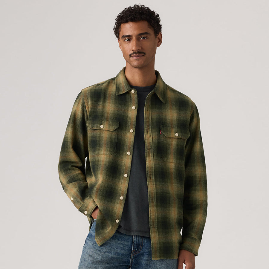 LEVI'S リーバイス ジャクソン ワーカー オーバーシャツ オリーブ/ブラック/ブラウン モデル着用 上半身 正面 195730304
