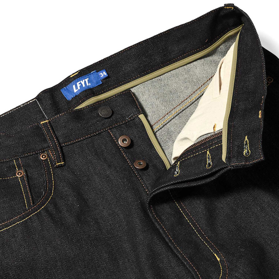 LFYT 5 POCKET DENIM PANTS BAGGIE FIT デニムパンツ インディゴ フロントボタンフライ開放詳細 LA261101