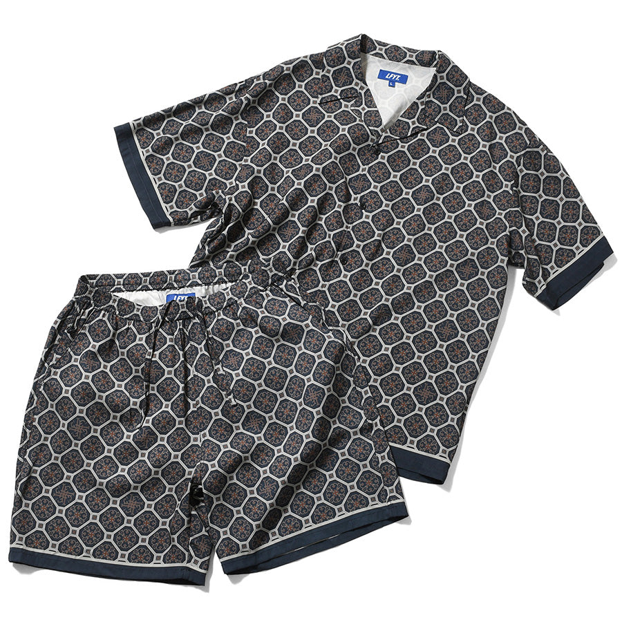 LFYT ARABESQUE PATTERN OPEN COLLAR SHIRT ネイビー セットアップ平置き