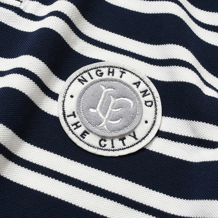 LFYT ATHLEISURE STRIPED POLO SHIRT ネイビー サークルエンブレムワッペン