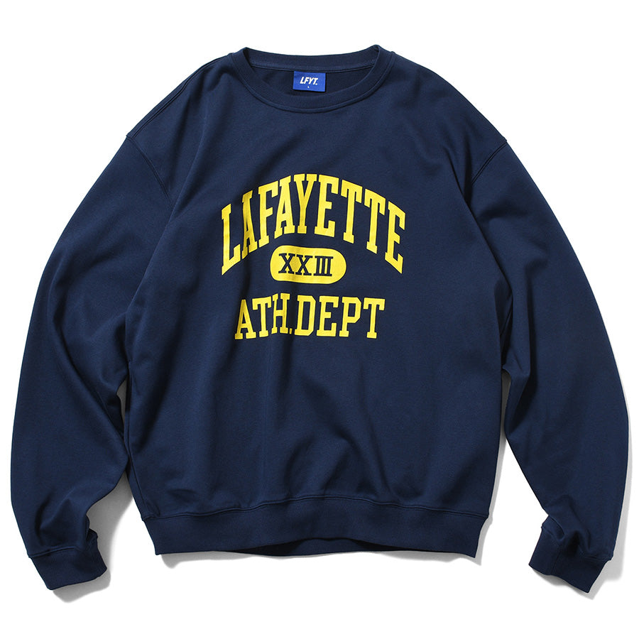 LFYT（エルエフワイティー） ATHLETICS CREW SWEAT ネイビー 正面 平置き