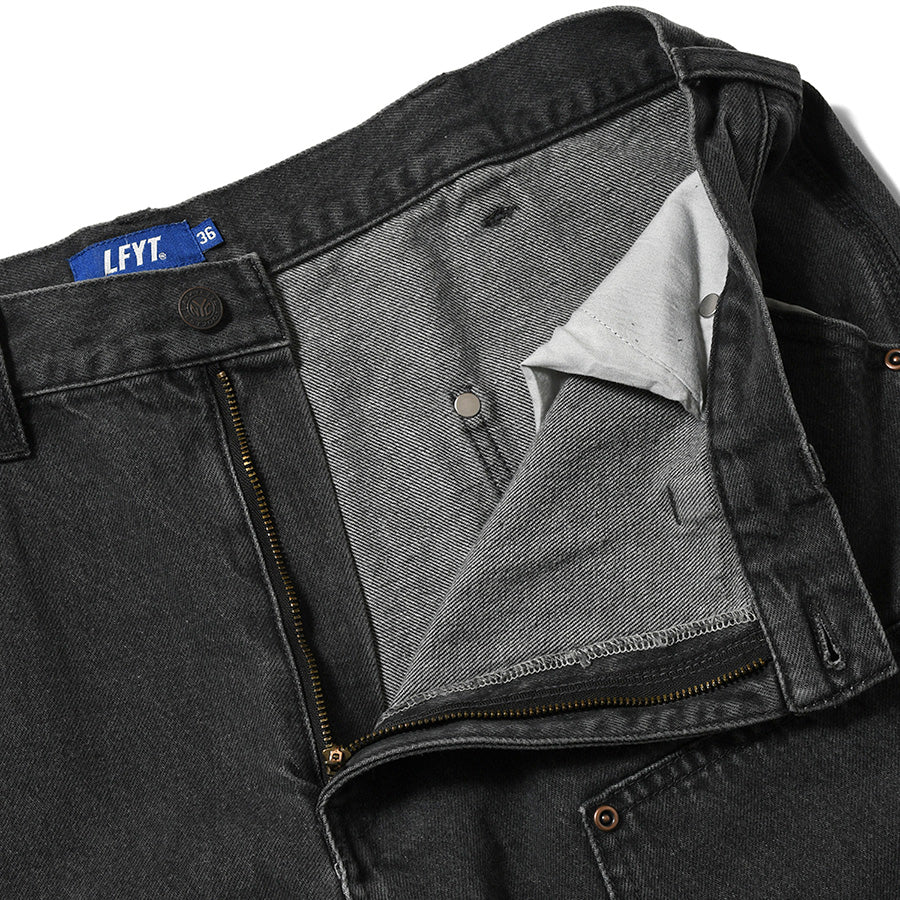LFYT BLACK DENIM PAINTER PANTS デニム ペインターパンツ ブラック ウエストファスナー開放時 LA261102