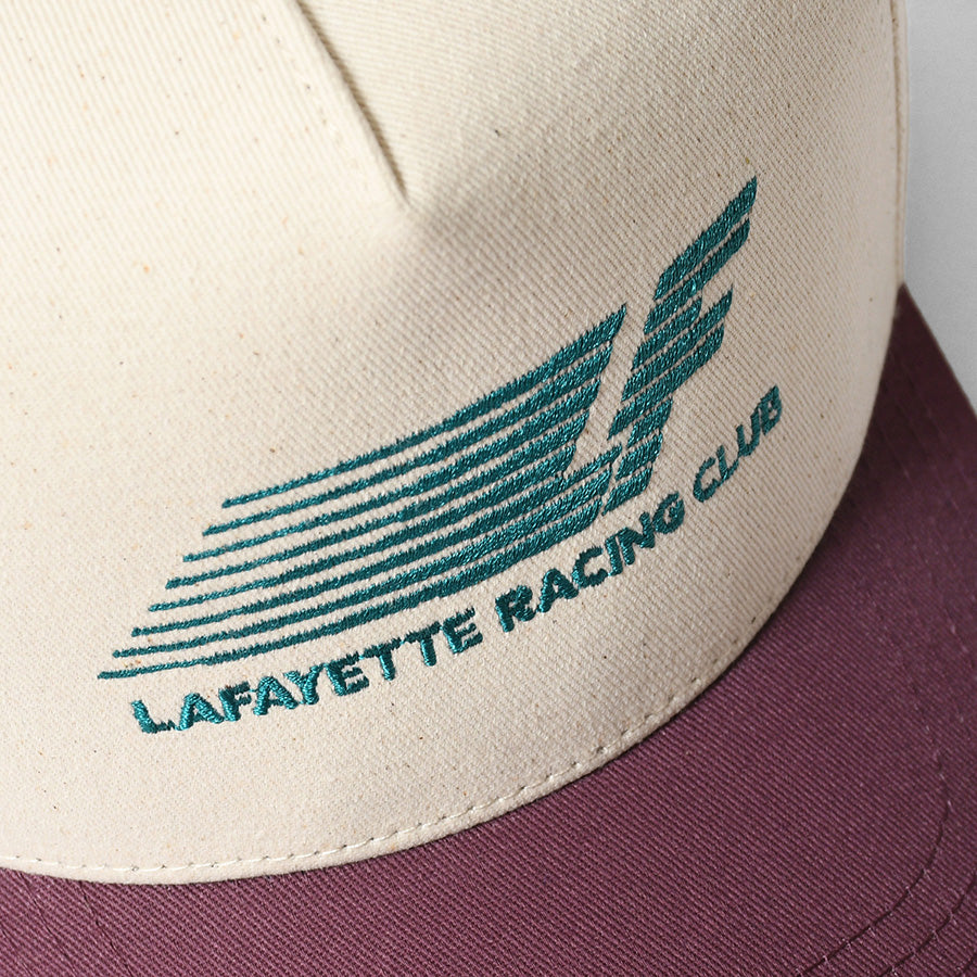LFYT RACING CLUB TRUCKER CAP アイボリー ロゴ刺繍詳細