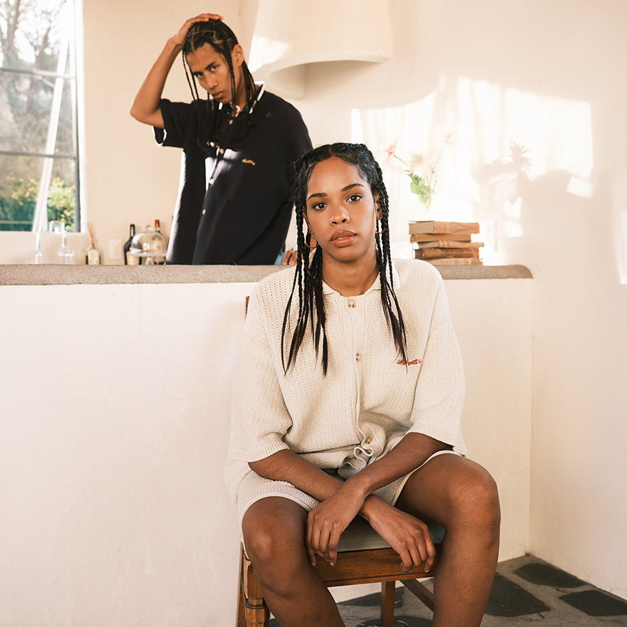 LFYT ニットショーツ ネイビー アイボリー セットアップ着用