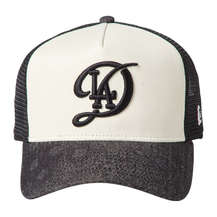 NEW ERA 9FORTY A-Frame Laser Burn Out Denim ドジャース クロームホワイト/ブラック 正面 15137100