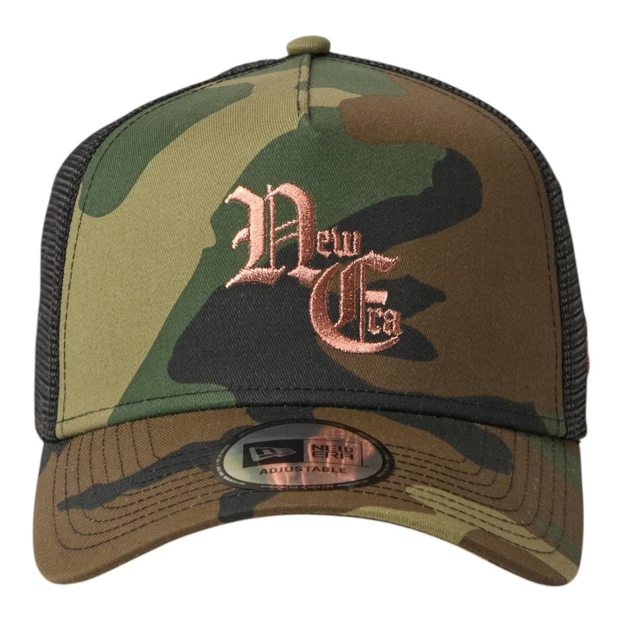 NEW ERA 9FORTY A-Frame Old English メッシュキャップ ウッドランドカモ 正面 15137092