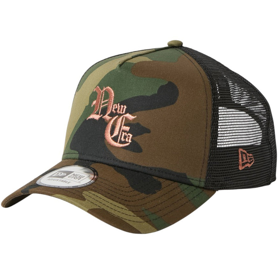 NEW ERA 9FORTY A-Frame Old English メッシュキャップ ウッドランドカモ 左斜め 15137092
