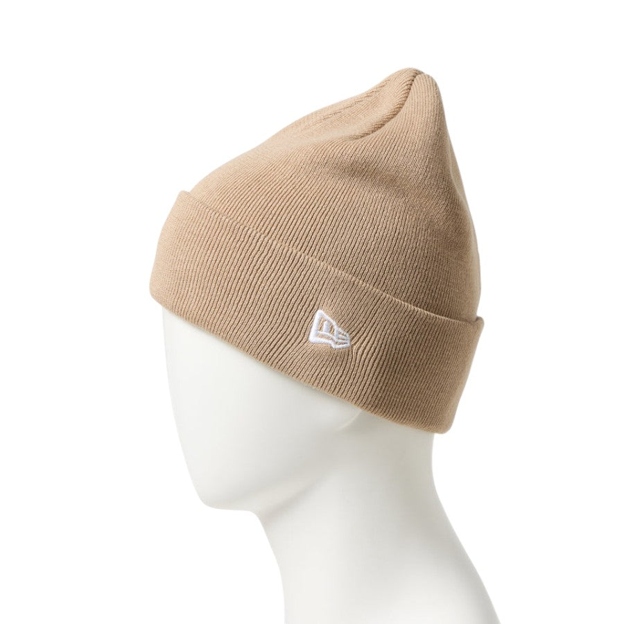 NEW ERA ベーシック カフニット Cotton Knit ニットキャップ ベージュ 左向き NEフラッグロゴ刺繍 15119730