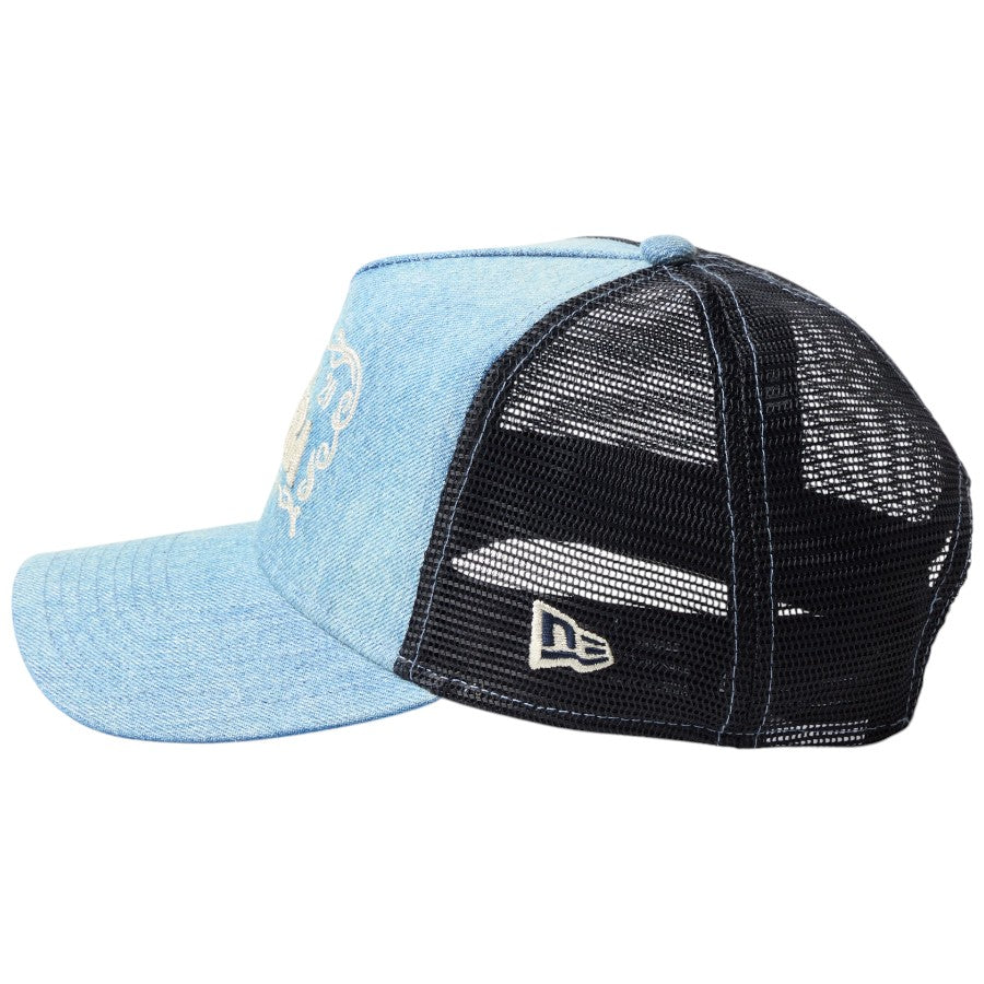 NEW ERA 9FORTY A-Frame トラッカー Frame Logo フレームロゴ ウォッシュドデニム 左側面 NEフラッグロゴ刺繍