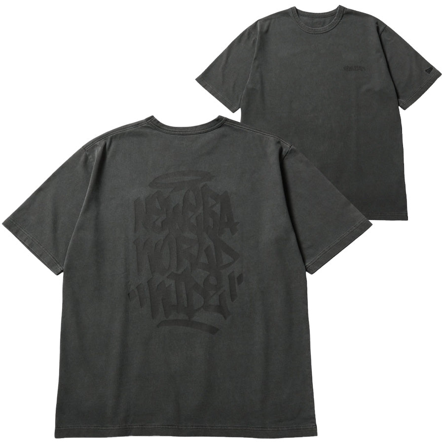 NEW ERA ガーメントダイ コットン Tシャツ Tagging チャコールグレー 正面背面画像