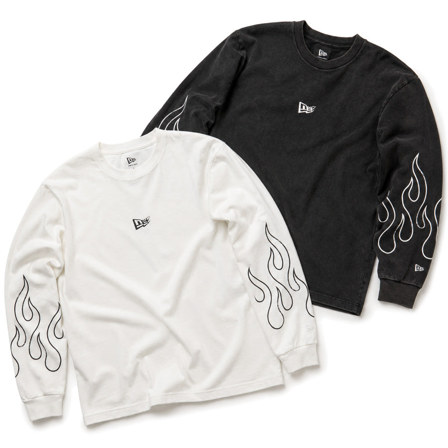 NEW ERA 長袖 ウォッシュド コットン Tシャツ The Flame オフホワイト ブラック 2カラー 15129336 15129337