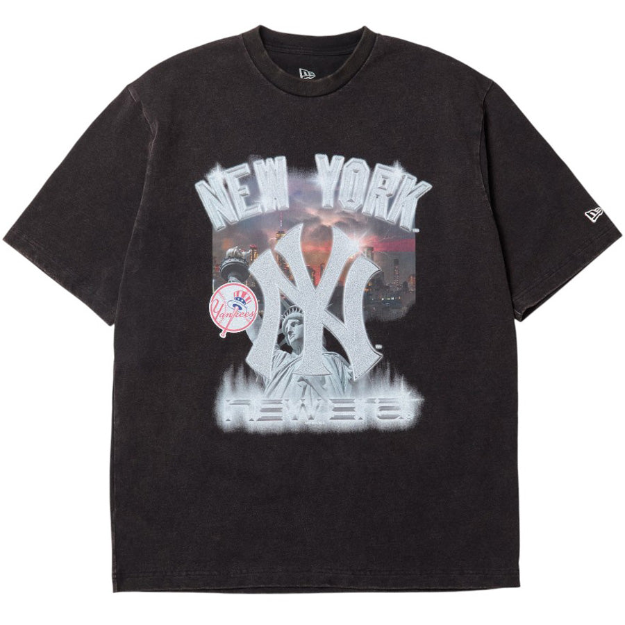 NEW ERA（ニューエラ）ウォッシュドコットン Tシャツ Flame ヤンキース ブラック 平置き正面 15129306