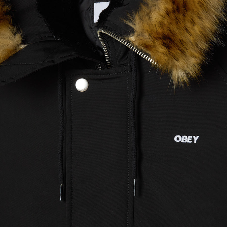 OBEY N-2B SHORT PARKA ミリタリージャケット ブラック フロント上部 左胸ロゴ刺繍 121800623-26F