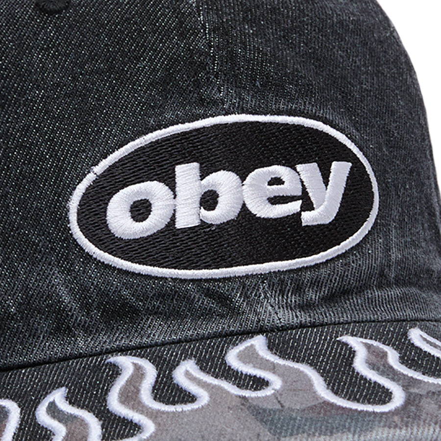 OBEY オベイ PIGMENT FLAMES 6 PANEL VELCRO BACK キャップ フェーデッドブラック フロントロゴ刺繍 100580456-26H