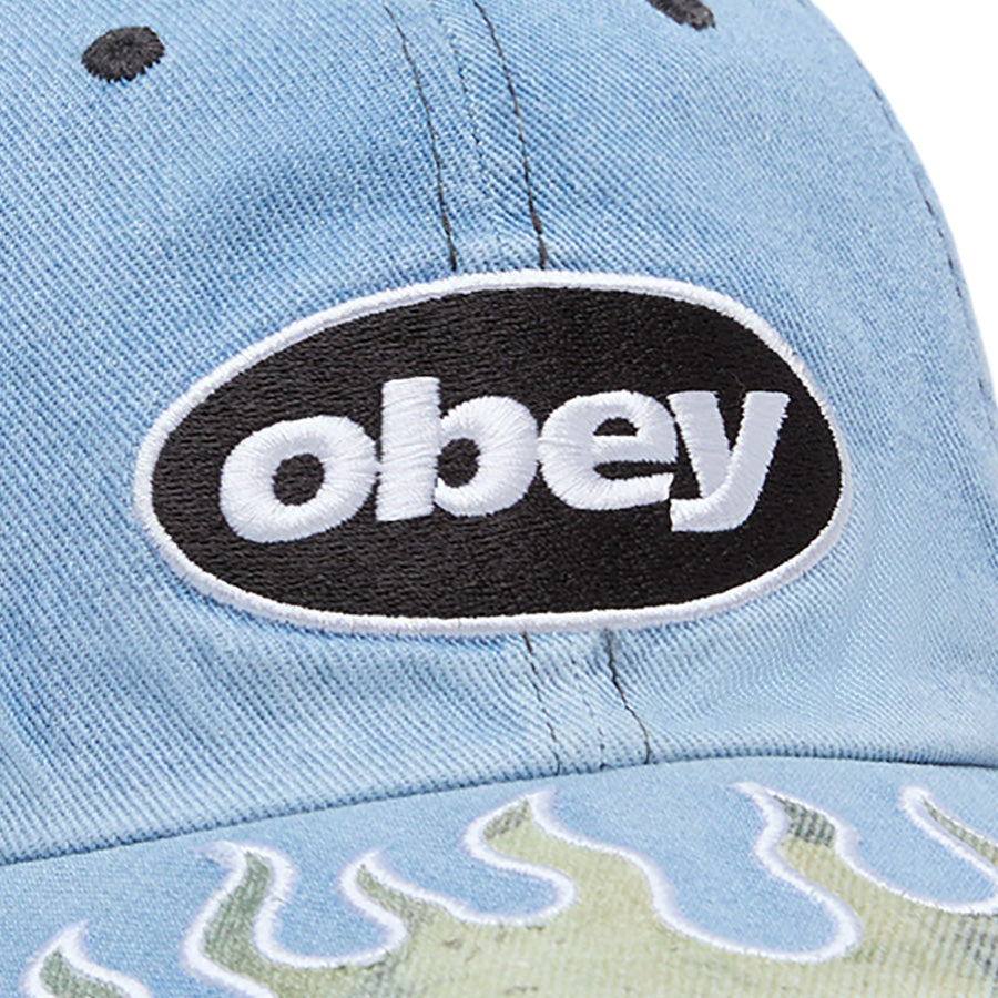 OBEY オベイ PIGMENT FLAMES 6 PANEL VELCRO BACK キャップ ライトインディゴ フロントロゴ刺繍 100580456-26H
