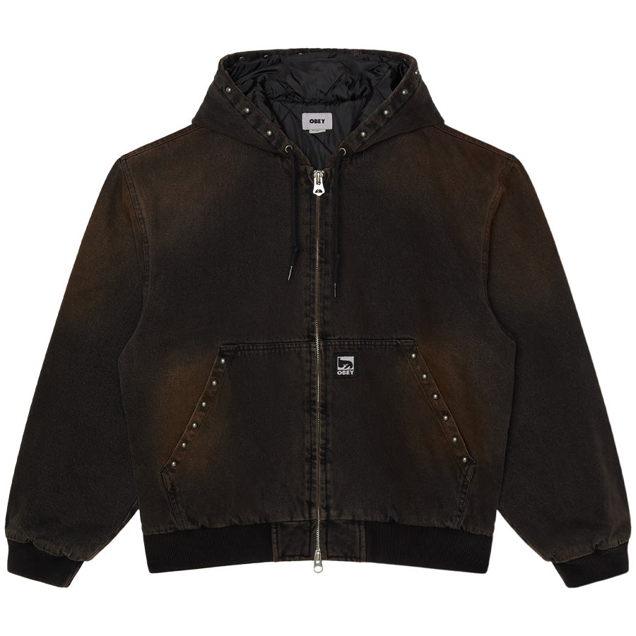OBEY STUDDED ZIP UP JACKET ジャケット ブラックラストウォッシュ 正面 平置き 121800633-26F