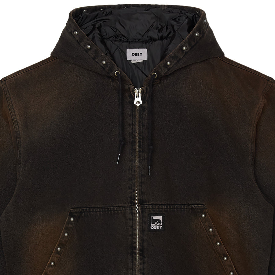 OBEY STUDDED ZIP UP JACKET ジャケット ブラックラストウォッシュ フロント上部 ファスナー閉鎖時 121800633-26F