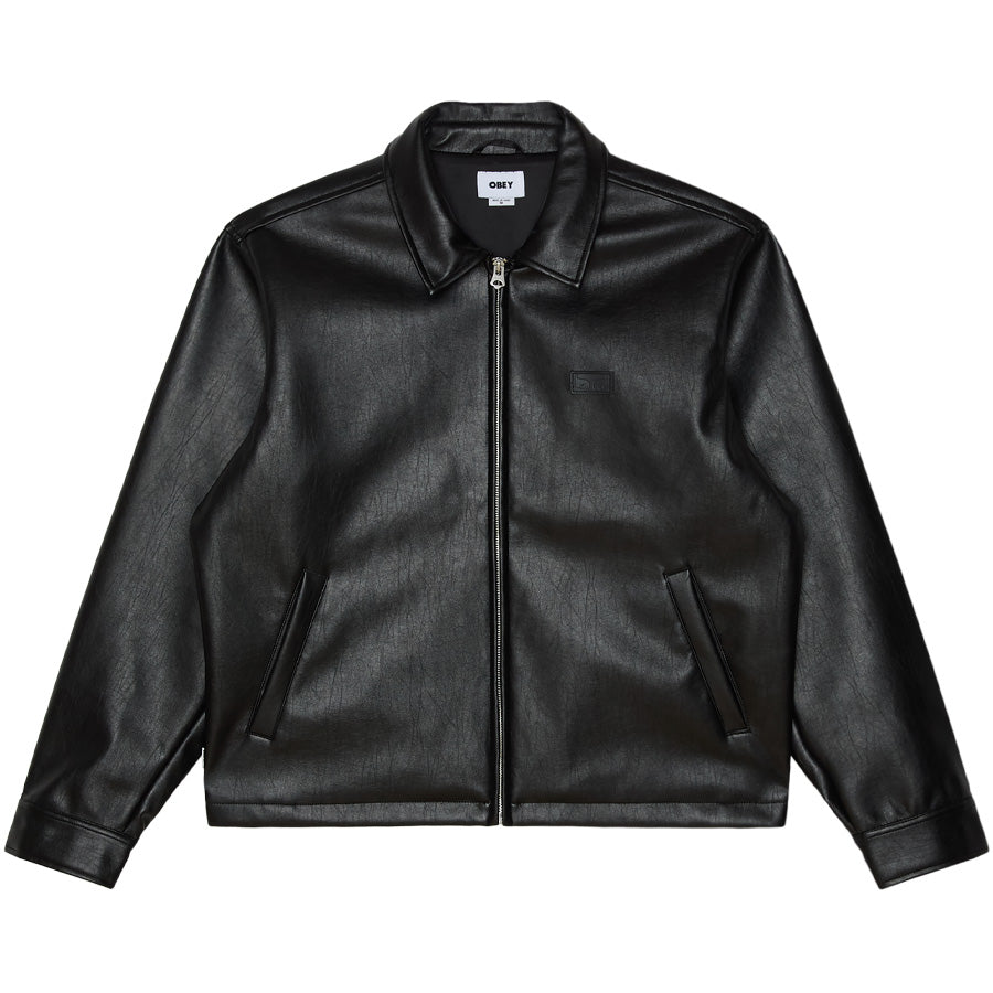OBEY WORKMAN PU JACKET PUレザージャケット ブラック 正面 平置き 121800631-26F