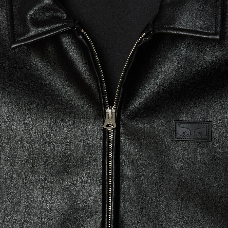 OBEY WORKMAN PU JACKET PUレザージャケット ブラック フロントメタルジップ 左胸OBEYロゴ刺繍 121800631-26F