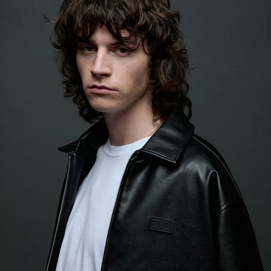 OBEY WORKMAN PU JACKET PUレザージャケット ブラック モデル着用 121800631-26F