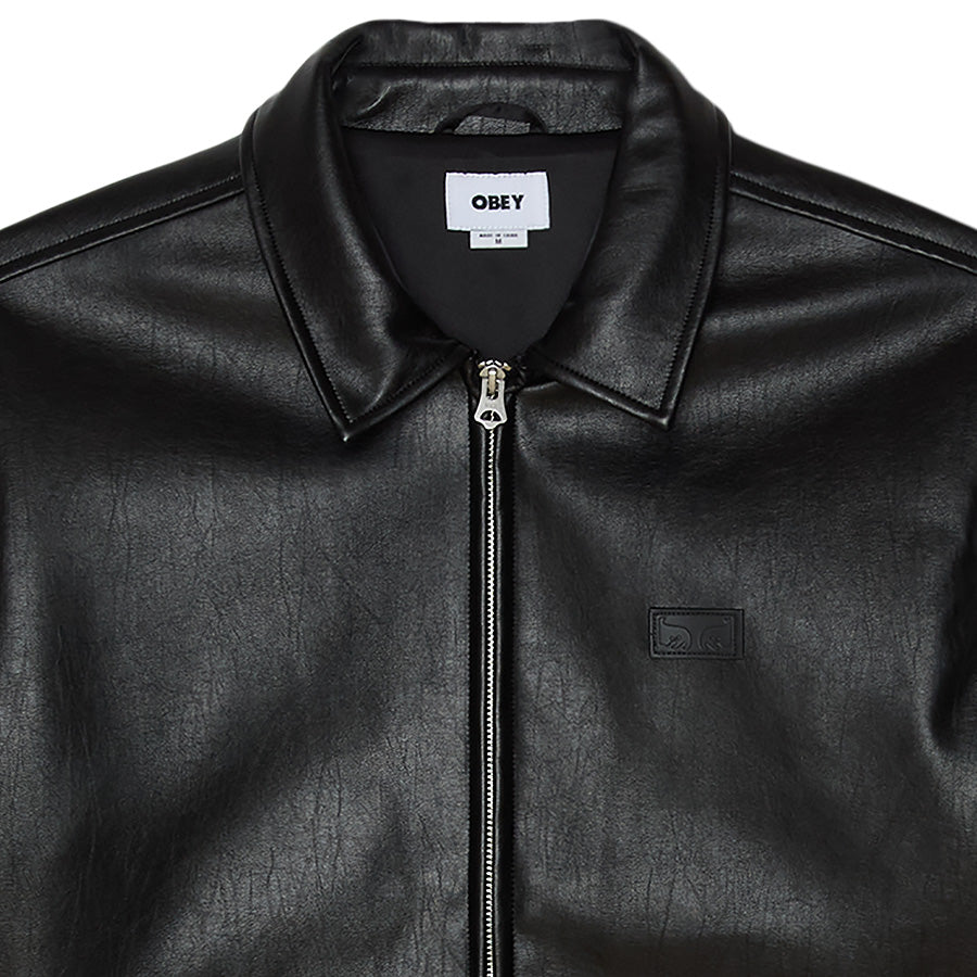 OBEY WORKMAN PU JACKET PUレザージャケット ブラック フロント上部 121800631-26F