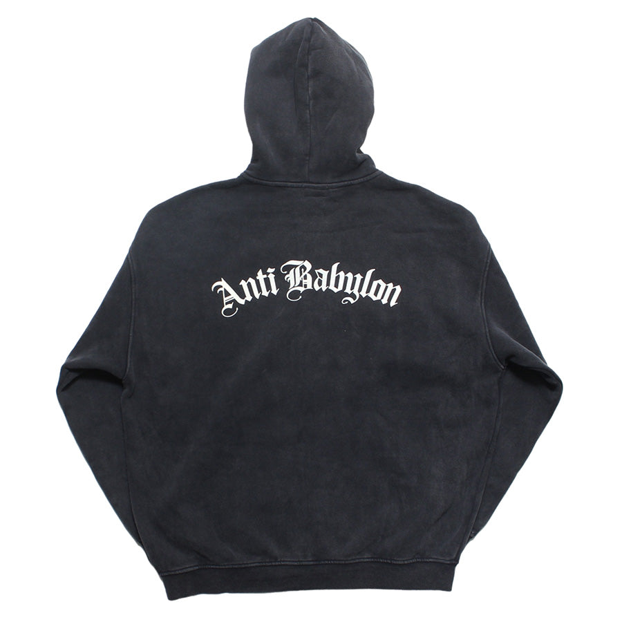 RAIDBACK FABRIC ANTI BABYLON CONFIDENTIAL WASHED ZIP HOODIE ジップアップパーカー ブラック 背面 平置き RB26002