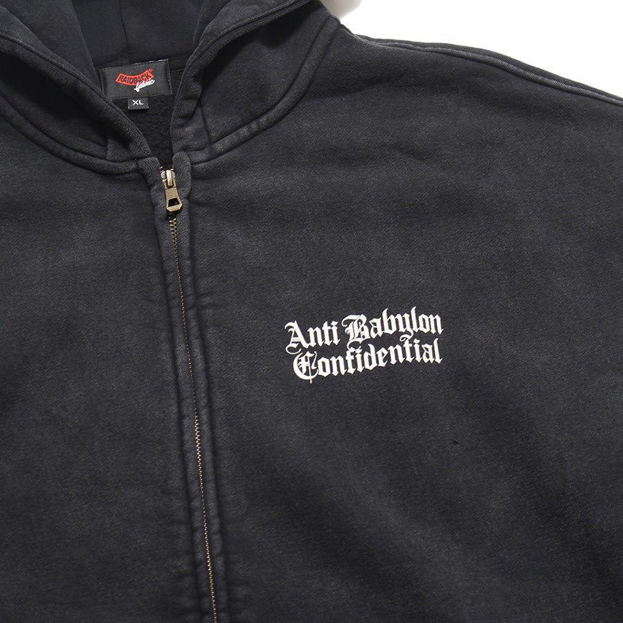 RAIDBACK FABRIC ANTI BABYLON CONFIDENTIAL WASHED ZIP HOODIE ブラック 左胸ロゴプリント RB26002