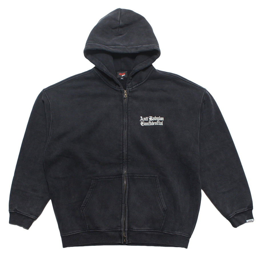 RAIDBACK FABRIC ANTI BABYLON CONFIDENTIAL WASHED ZIP HOODIE ジップアップパーカー ブラック 正面 平置き RB26002