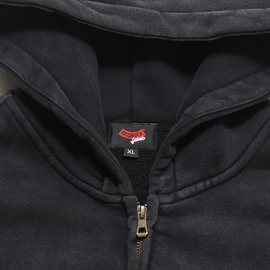 RAIDBACK FABRIC ANTI BABYLON CONFIDENTIAL WASHED ZIP HOODIE ブラック 首元ブランドタグ RB26002