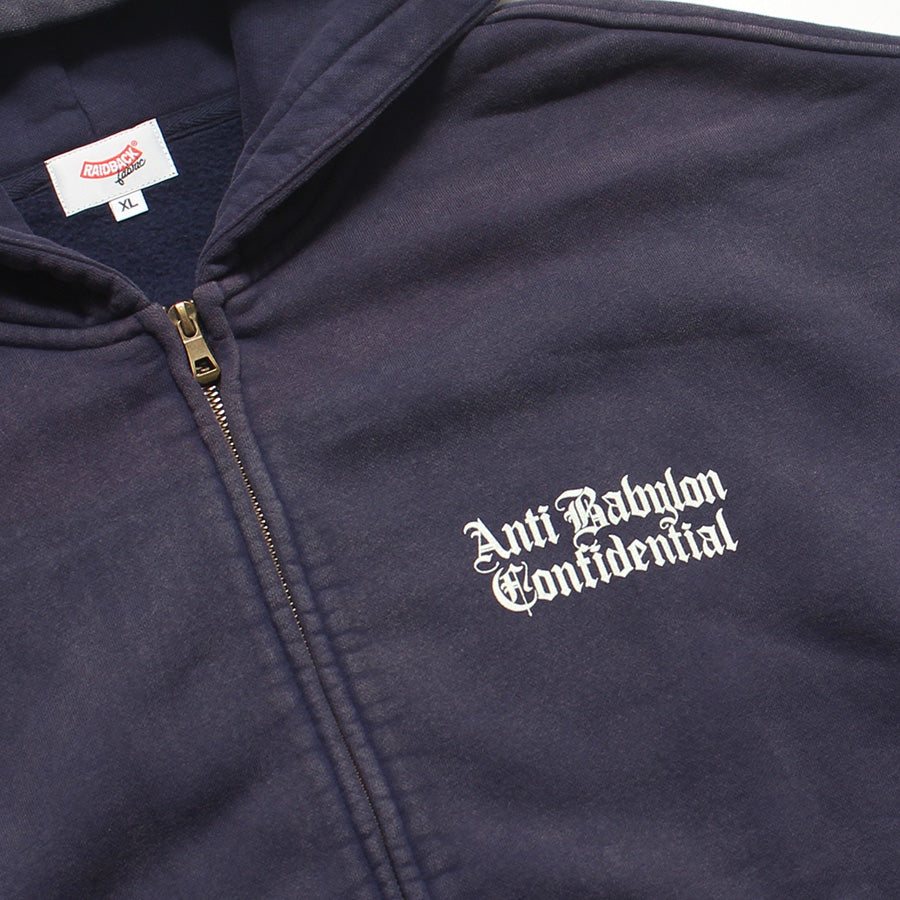 RAIDBACK FABRIC ANTI BABYLON CONFIDENTIAL WASHED ZIP HOODIE ネイビー 左胸ロゴプリント RB26002