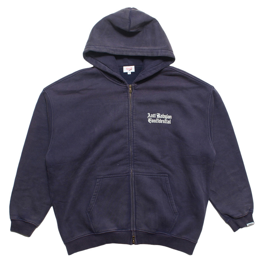 RAIDBACK FABRIC ANTI BABYLON CONFIDENTIAL WASHED ZIP HOODIE ジップアップパーカー ネイビー 正面 平置き RB26002